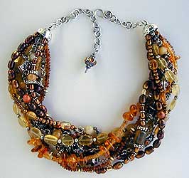 Carnelian, citrine, pearl, amber, jade, agate, 14K gold and sterling silver 9-strand Necklace by Vicky Jousan