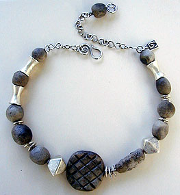 pit fired clay beads and silver necklace by Vicky Jousan