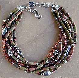 Unikite, Poppy Jasper, Austrian crystal, Bali Sterling Silver necklace by Vicky Jousan