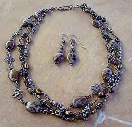 Leopard Skin Jasper, Pearls, handmade sterling silver chains necklace and earrings by Vicky Jousan