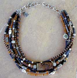 Picasso marble jasper, carnelian, soo chow, hematite, serpentine, Austrian crystal and silver necklace by Vicky Jousan